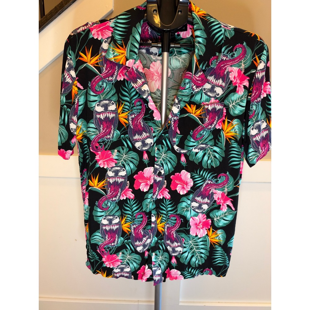 Marvel Venom Floral Button Down Shirt Mens Small Black Hibiscus Tropical Print